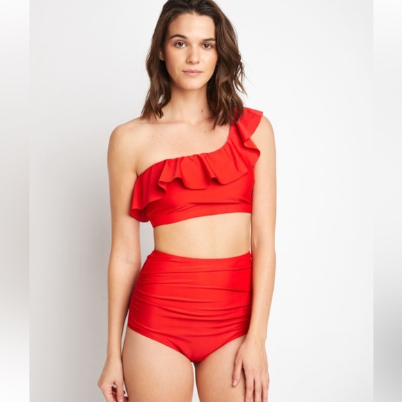 Red One Shoulder Ruffle High Waisted Bikini Set - Picture 3 of 4
